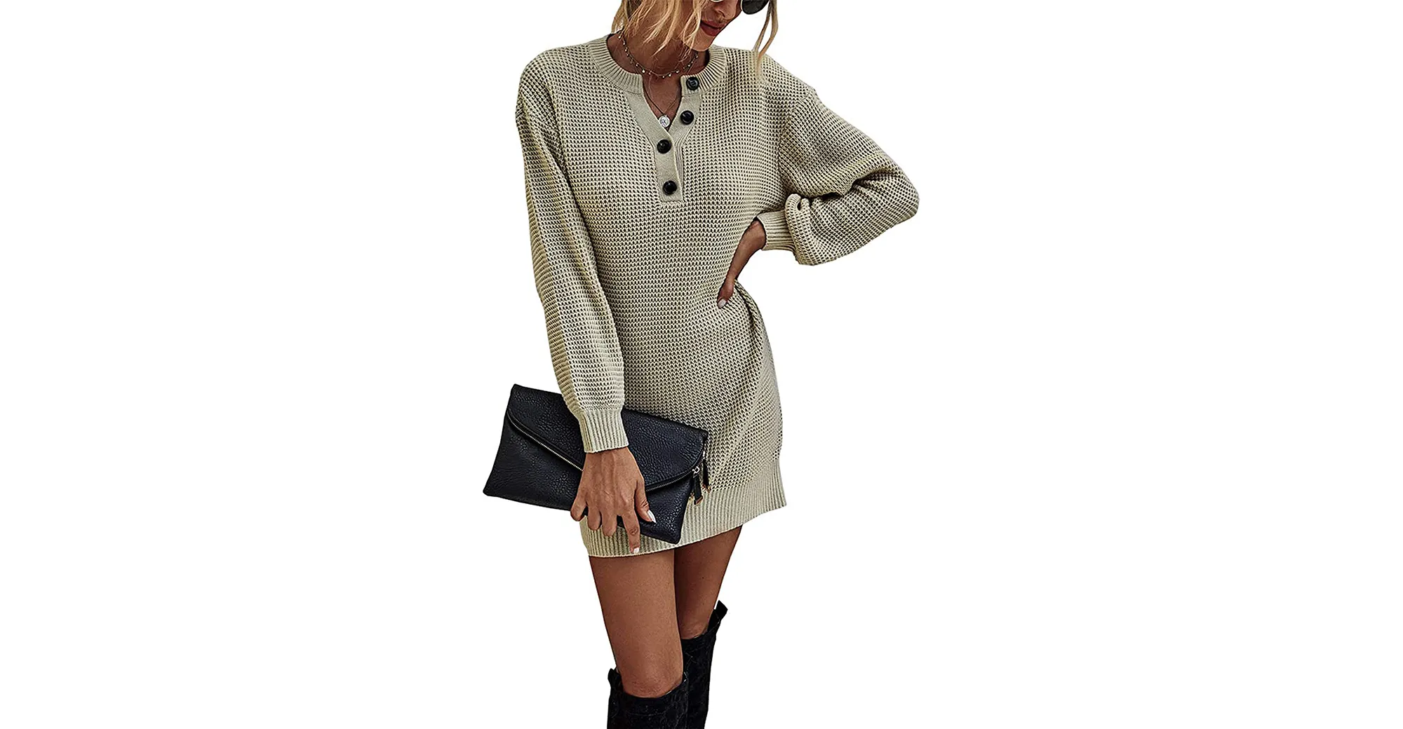 KIRUNDO 2020 Winter Long Sleeve Henley Sweater Dress