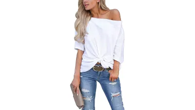 LACOZY Waffle Knit Off The Shoulder Knot Batwing Shirt