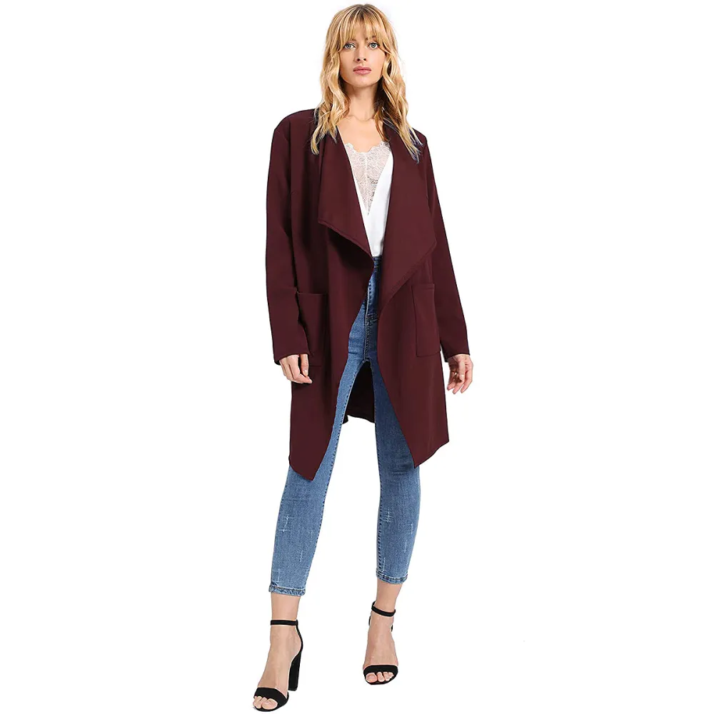 Romwe Waterfall Collar Long-Sleeve Wrap Trench Peacoat Cardigan