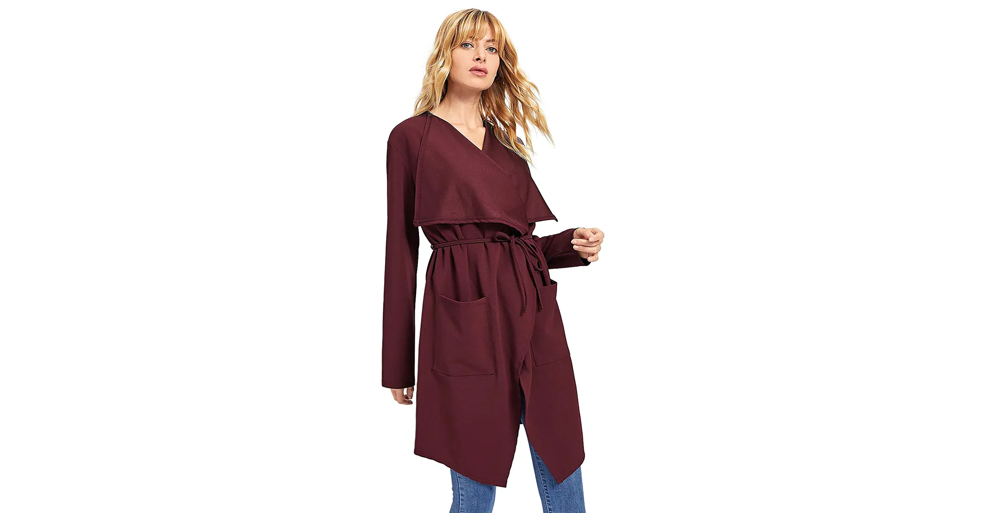 Romwe Waterfall Collar Long-Sleeve Wrap Trench Peacoat Cardigan