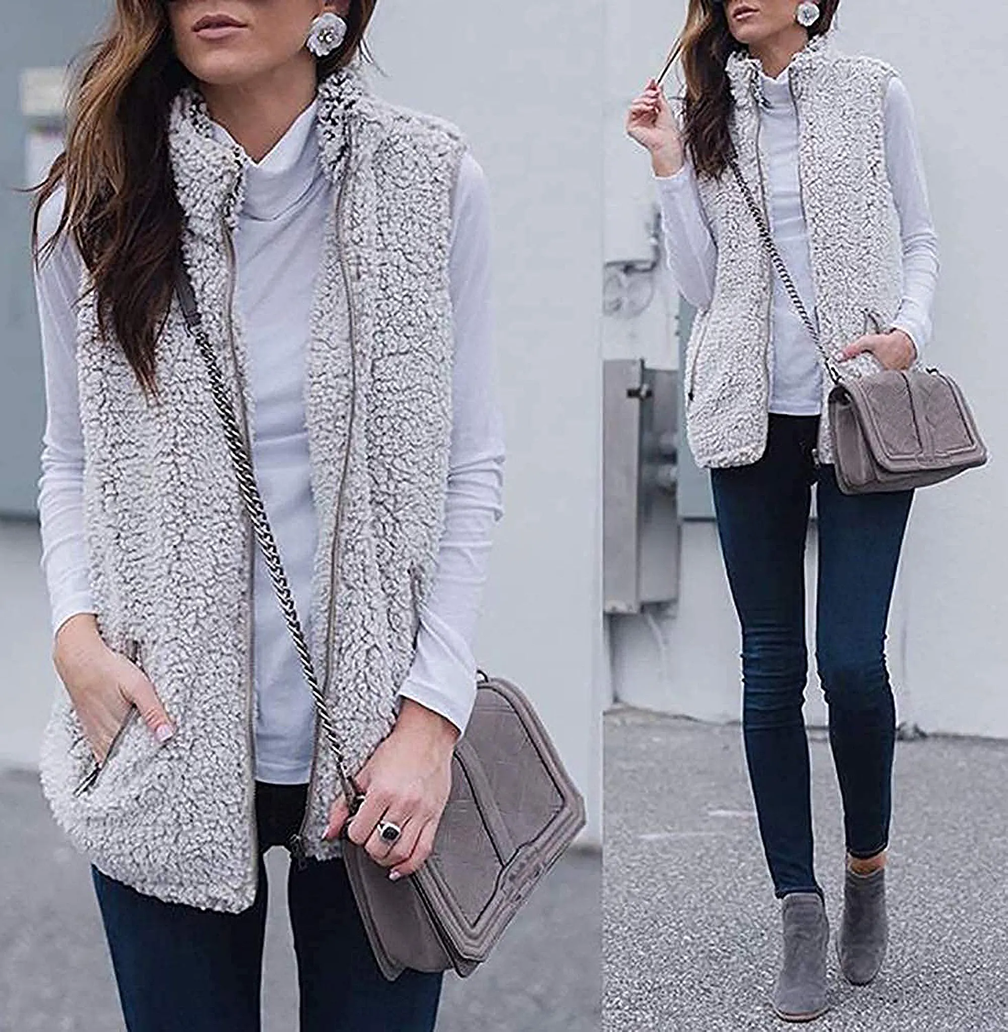 ZESICA Sleeveless Zip Up Fuzzy Fleece Fall Zipper Vest