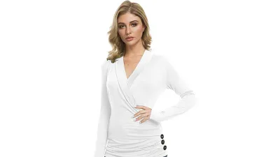 Afibi Women's Slim Fitted Deep V Neck Cross Wrap Top