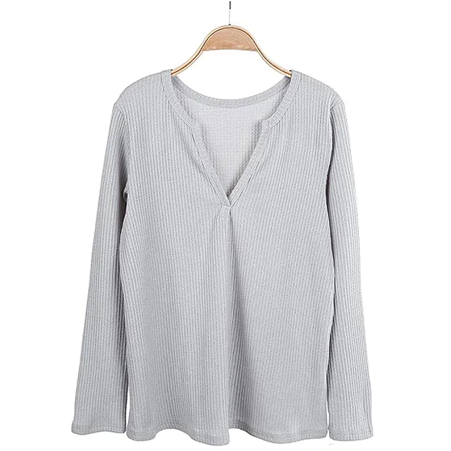 Farktop Women's V Neck Waffle Knit Henley Top (Grey)