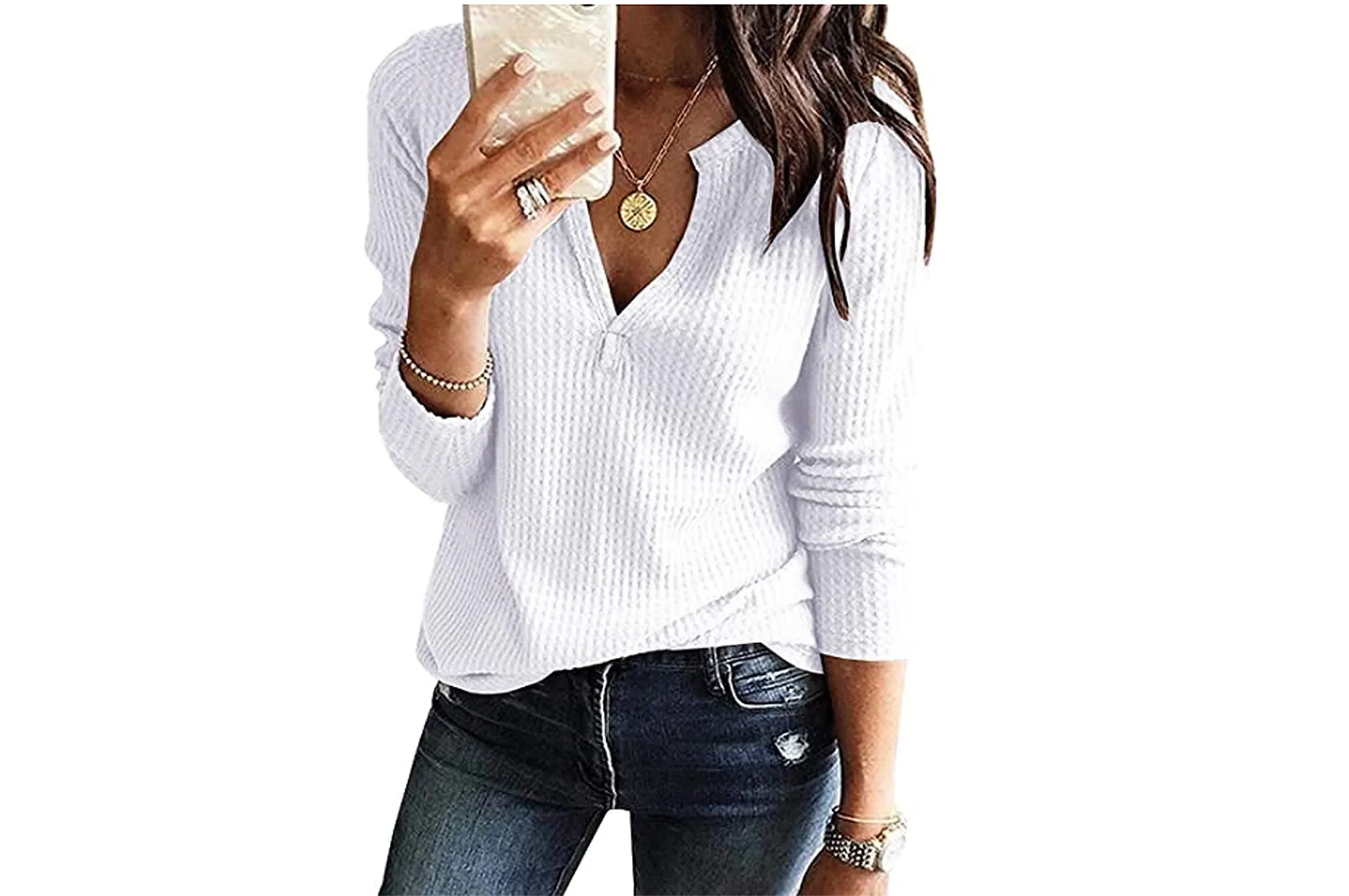 Farktop Women's V Neck Waffle Knit Henley Top