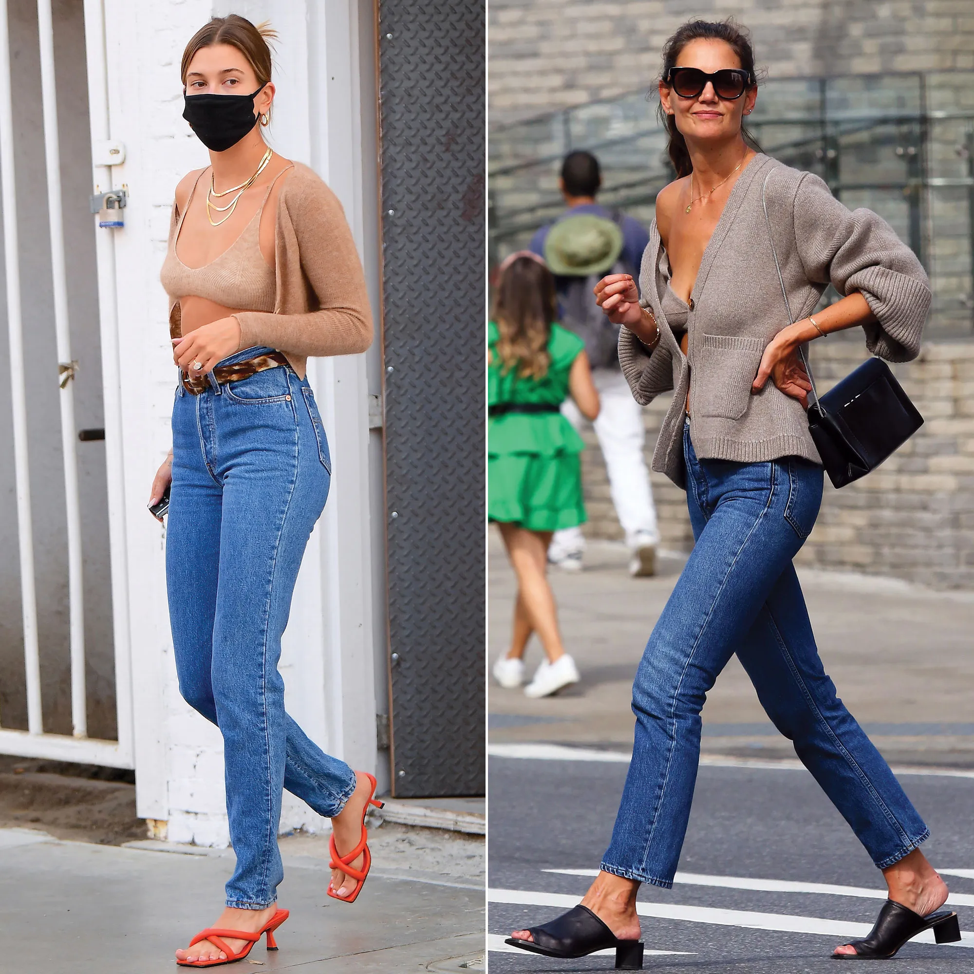 Hailey Baldwin Channels Katie Holmes in Knit Bra and Cardigan: Pics