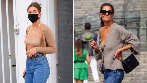 Hailey Baldwin Channels Katie Holmes in Knit Bra and Cardigan: Pics