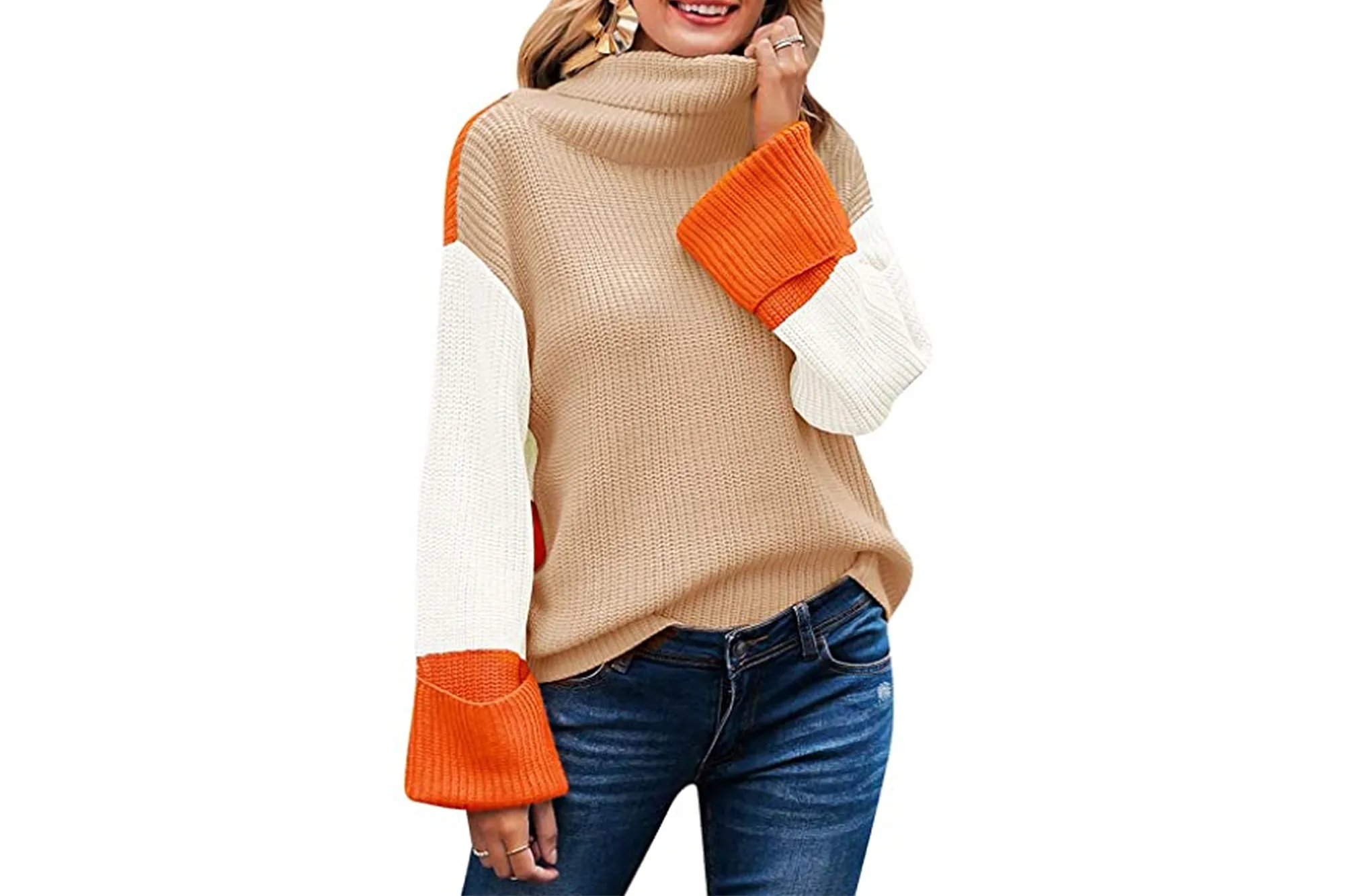SAUKOLE Women&rsquo;s Turtleneck Color Block Casual Long Chunky Knitted Pullover