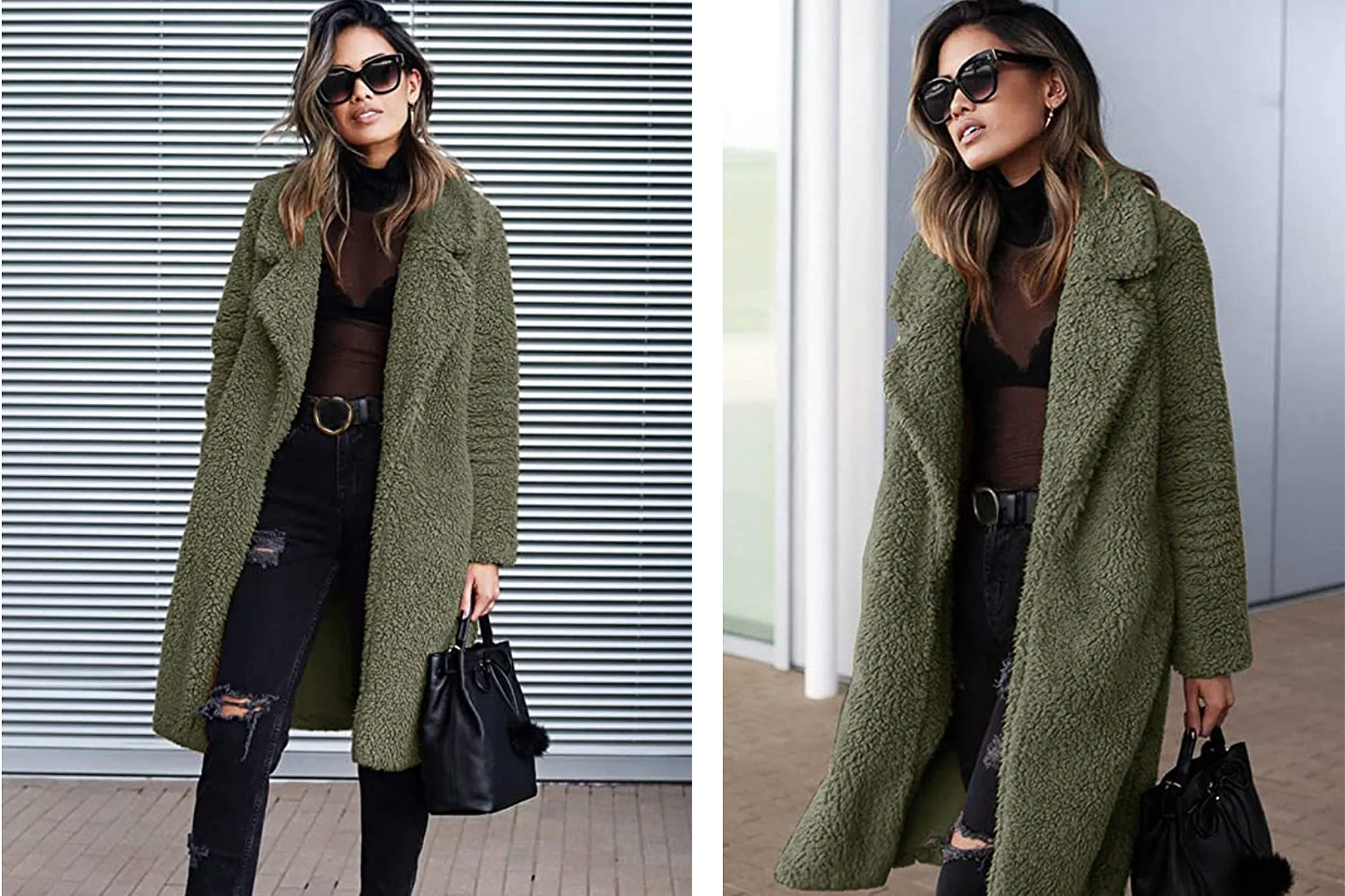 Angashion Women's Fuzzy Fleece Lapel Open Front Long Cardigan Coat