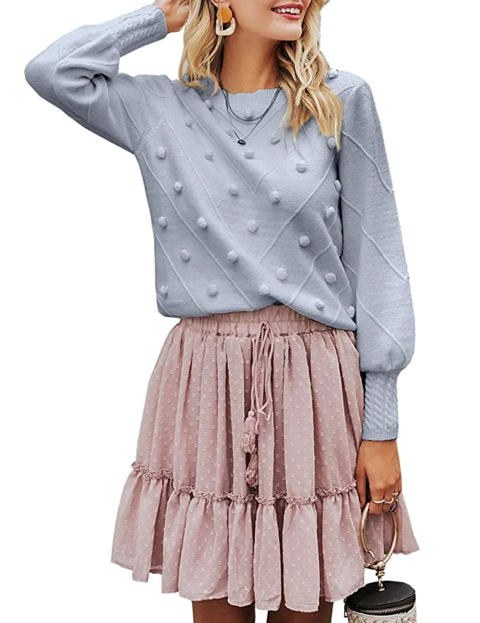 Miessial Women's Crew Neck Lantern Sleeve Sweater