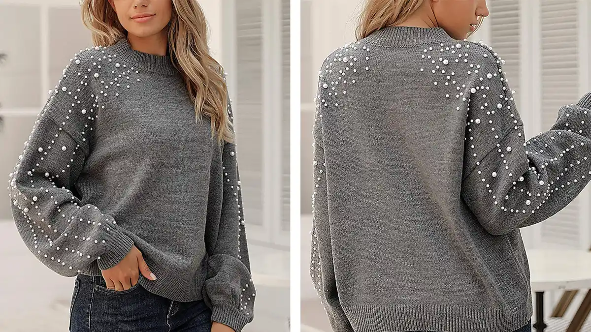 Blooming Jelly Lantern Sleeve Oversized Pullover Sweater with Pearls