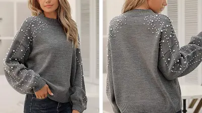 Blooming Jelly Lantern Sleeve Oversized Pullover Sweater with Pearls