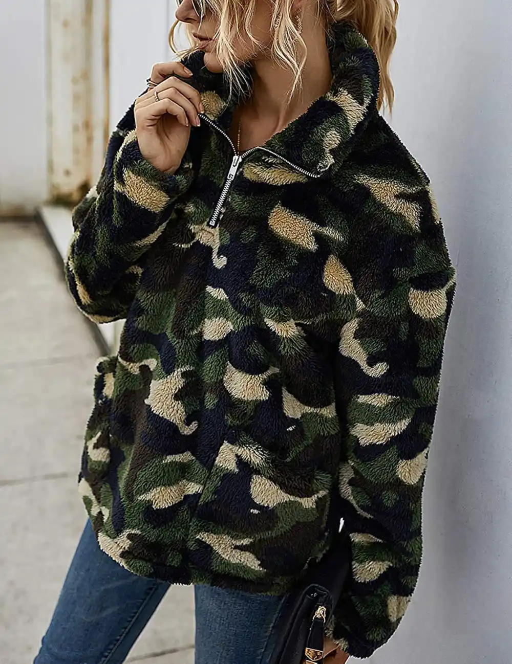 MEROKEETY Long Sleeve Zipper Sherpa Pile Pullover