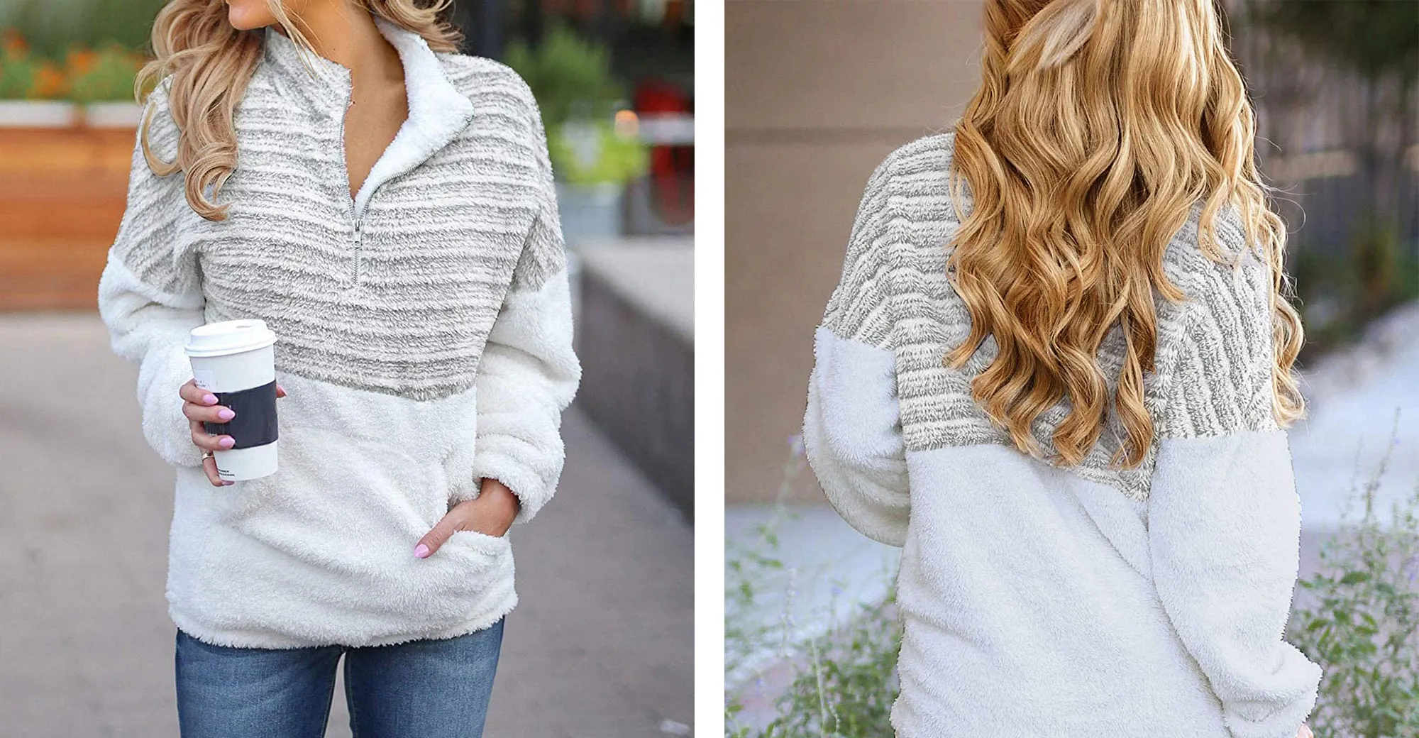 MEROKEETY Long Sleeve Zipper Sherpa Pile Pullover