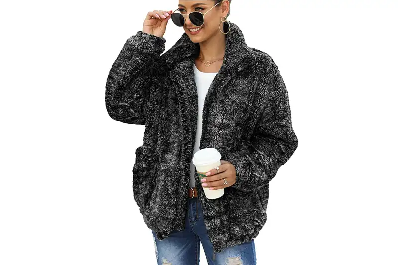 ANRABESS Women's Fashion Hooded Zip Up Faux Shearling Shaggy Oversized Coat