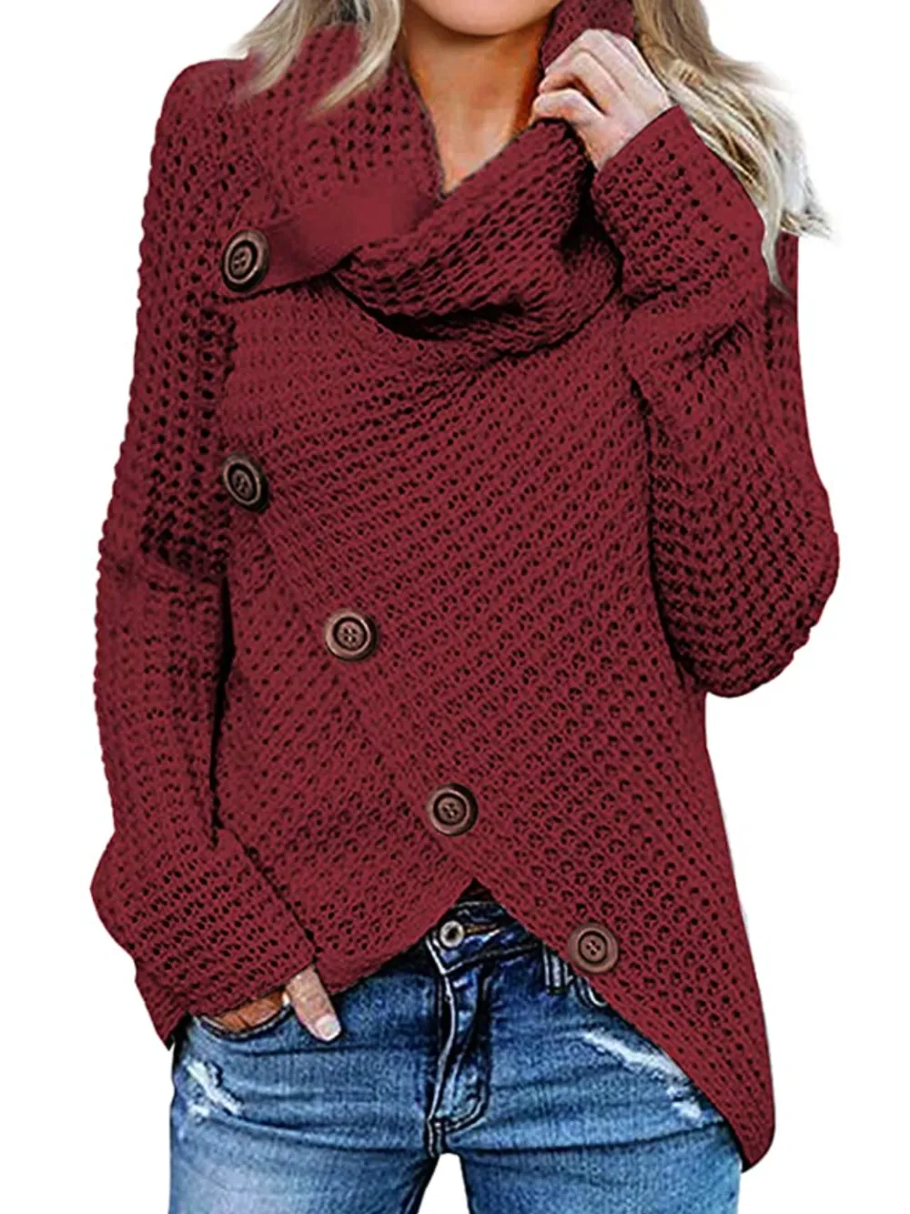 Asvivid Women's Button Turtle Cowl Neck Asymmetric Hem Wrap Pullover Sweater