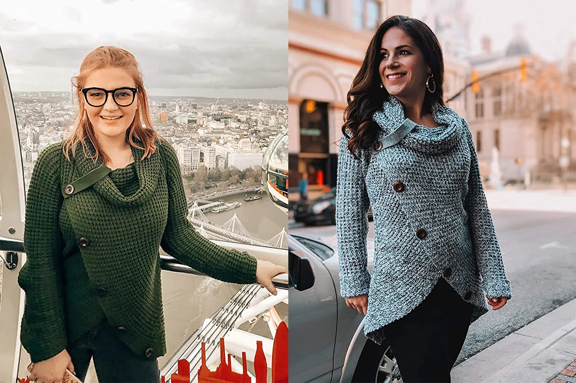 Asvivid Women's Button Turtle Cowl Neck Asymmetric Hem Wrap Pullover Sweater