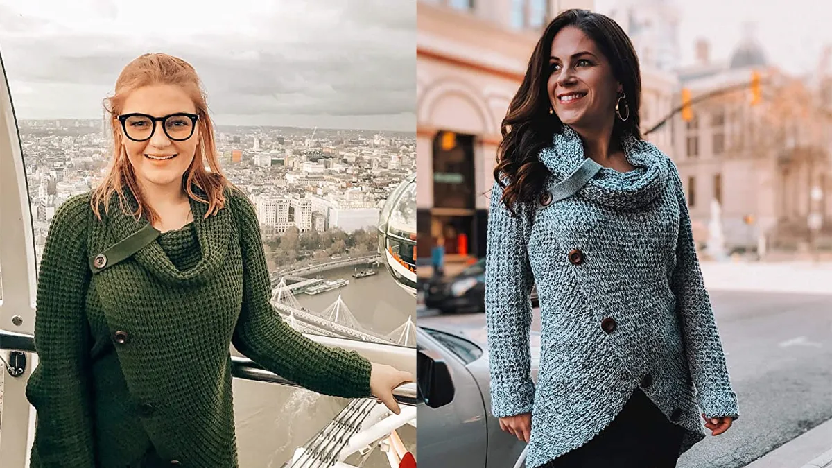 Asvivid Women's Button Turtle Cowl Neck Asymmetric Hem Wrap Pullover Sweater