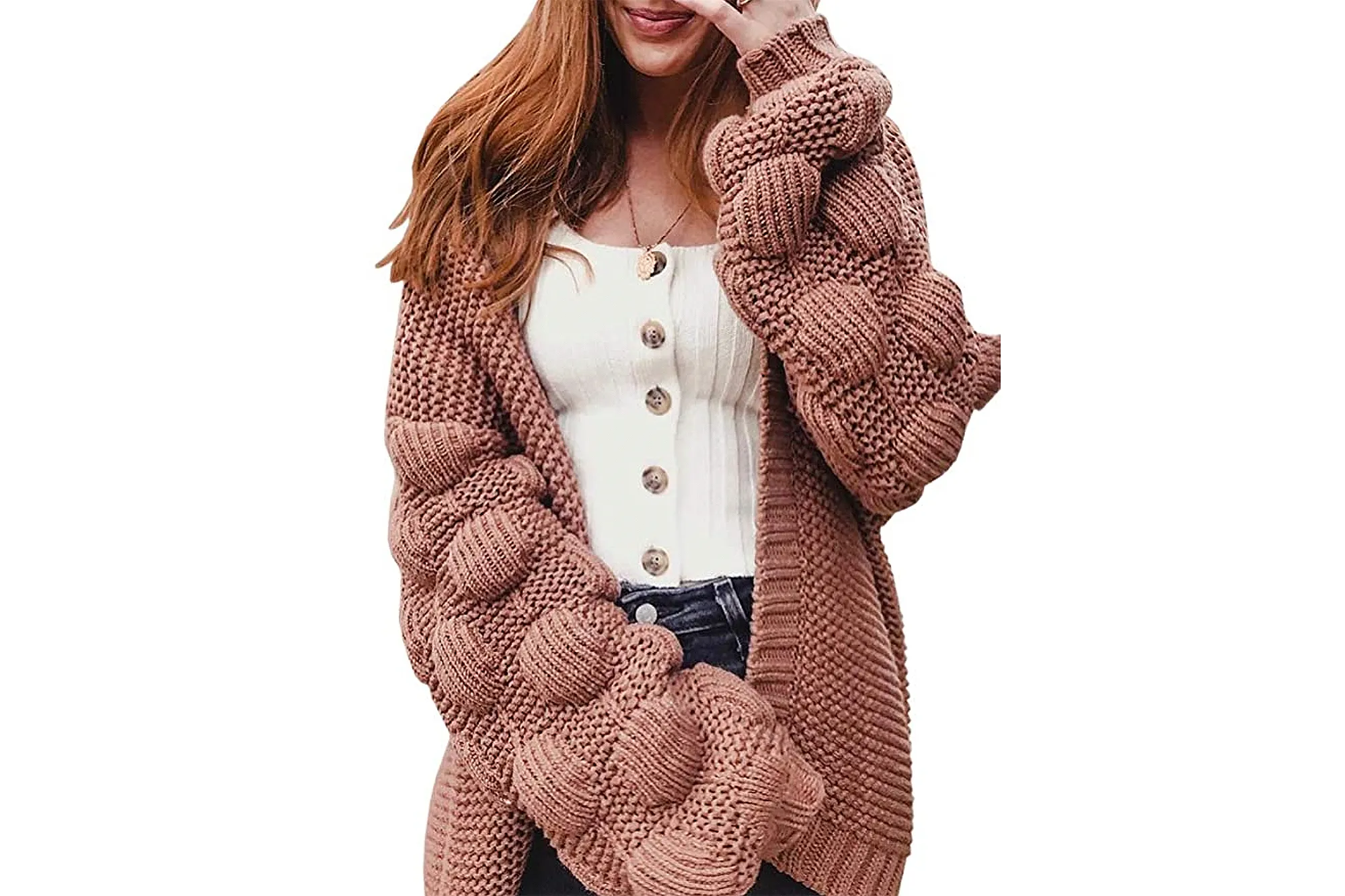 Ferbia Women Oversized Chunky Long Pom Pom Open Front Knit Sweater