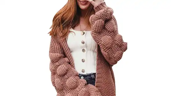 Ferbia Women Oversized Chunky Long Pom Pom Open Front Knit Sweater