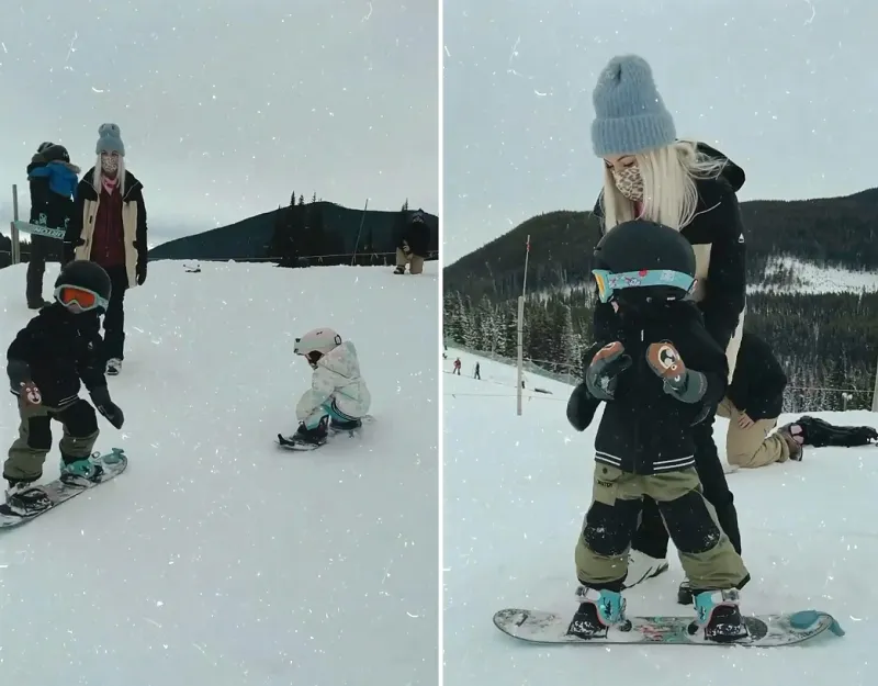 Jillian Harris kids snowboarding
