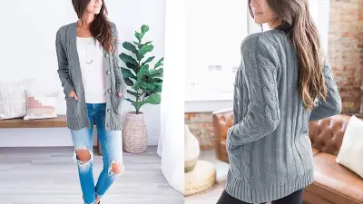 MEROKEETY Women's Long Sleeve Cable Knit Sweater