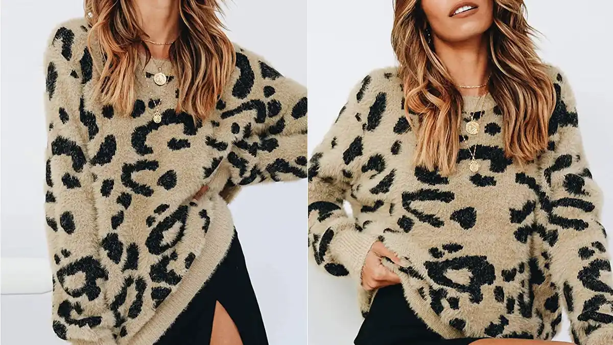 Saodimallsu Women's Leopard Crewneck Oversized Sherpa Sweater