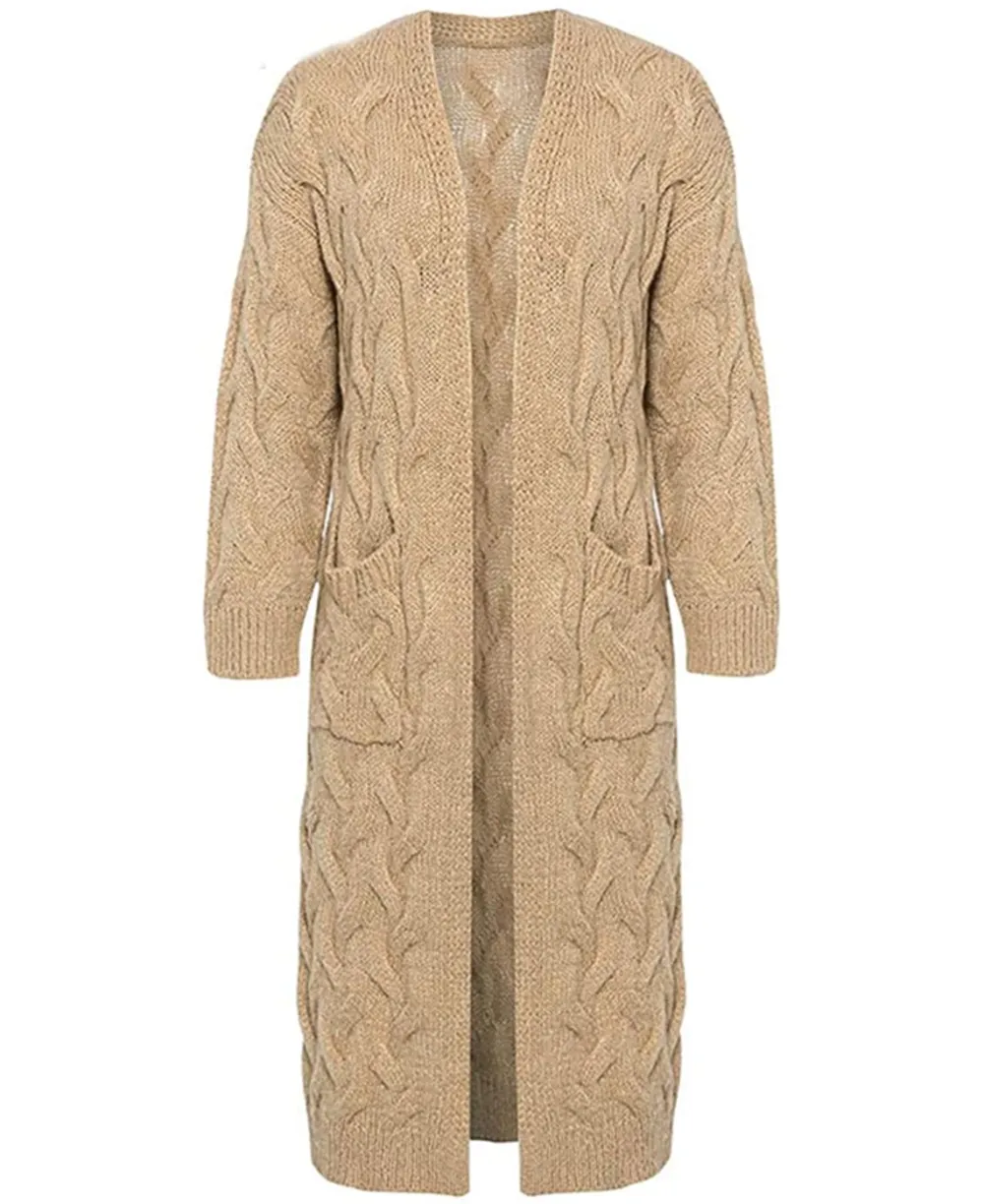 ZIWOCH Women's Long Cable Knit Open Front Cardigan with Pockets