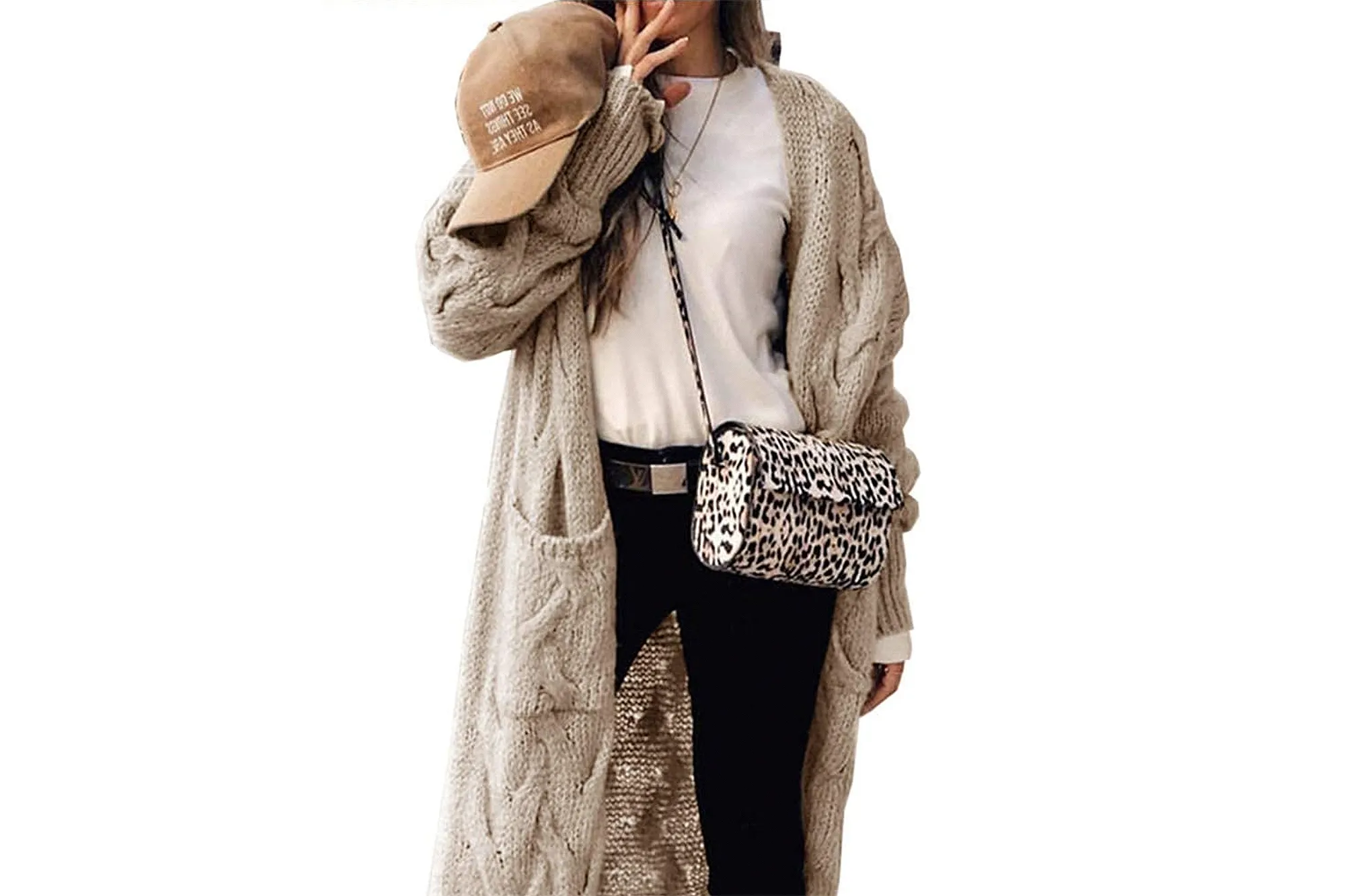 ZIWOCH Women's Long Cable Knit Open Front Cardigan with Pockets