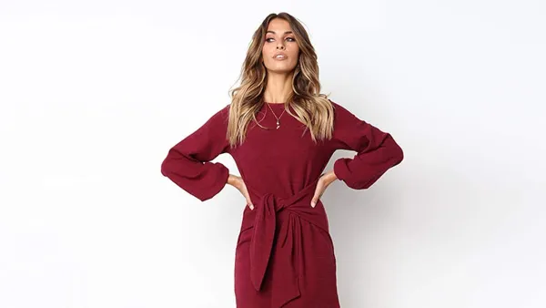 PRETTYGARDEN Lantern Sleeve Tie Waist Cocktail Dress