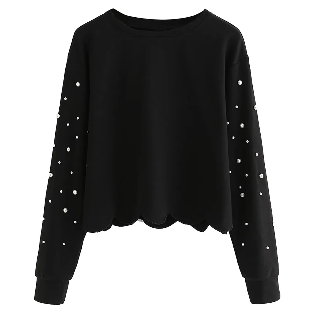 Romwe Scalloped Hem Crop Top Sweatshirt