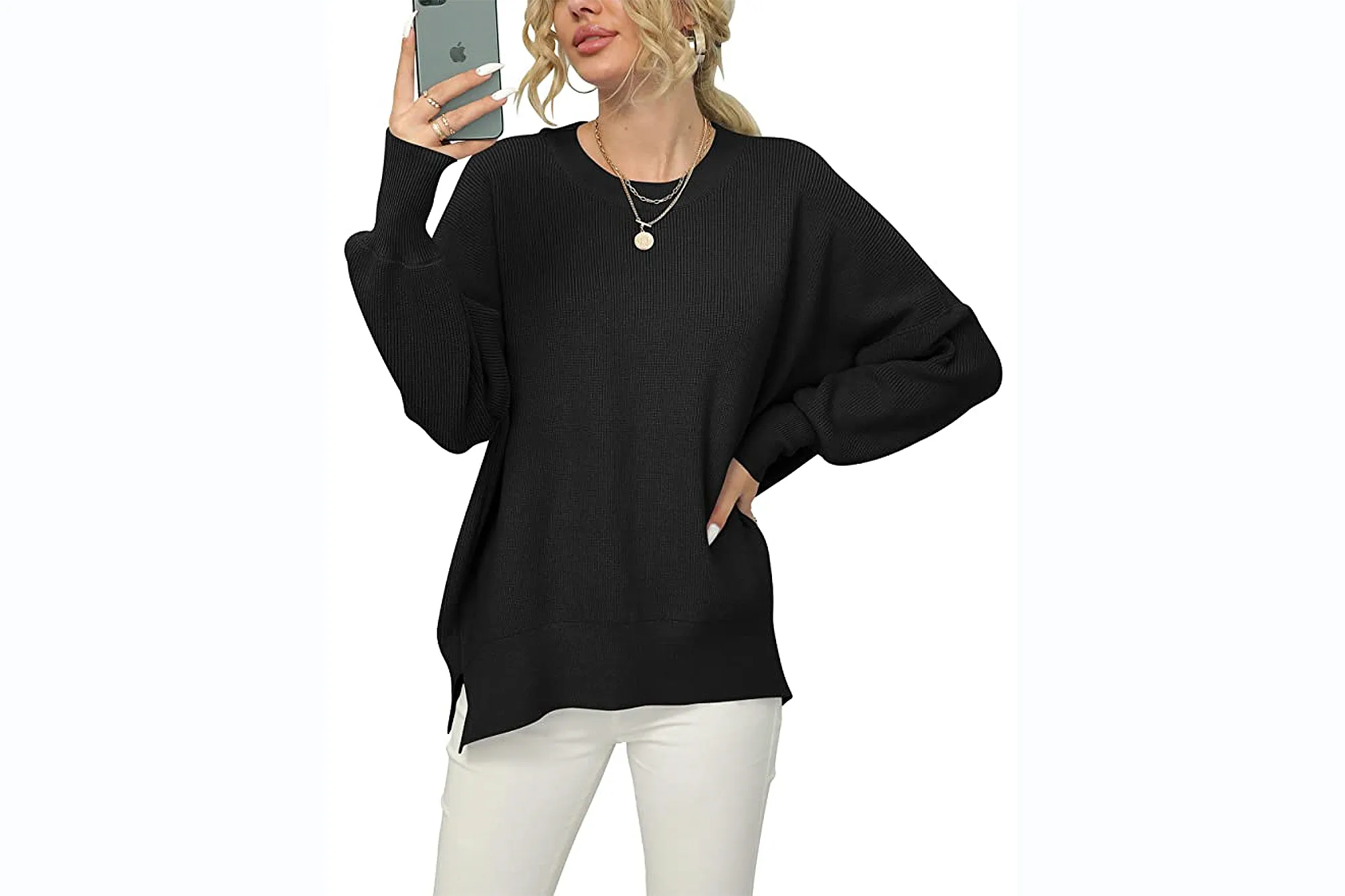 ANRABESS Women's Crewneck Batwing Sleeve Oversized Side Slit Ribbed Pullover Sweater