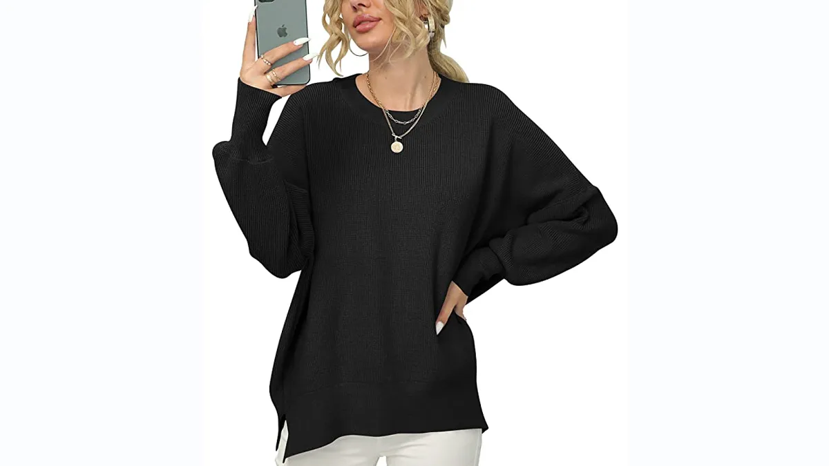 ANRABESS Women's Crewneck Batwing Sleeve Oversized Side Slit Ribbed Pullover Sweater