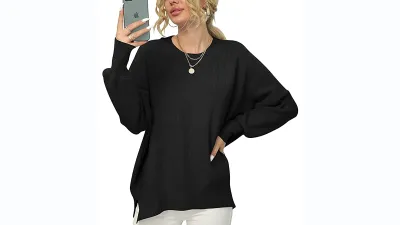 ANRABESS Women's Crewneck Batwing Sleeve Oversized Side Slit Ribbed Pullover Sweater