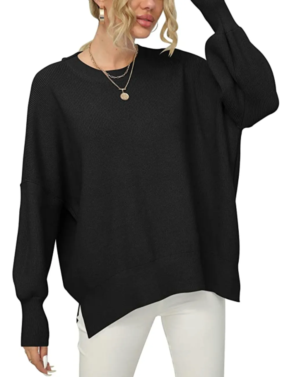 ANRABESS Women's Crewneck Batwing Sleeve Oversized Side Slit Ribbed Pullover Sweater