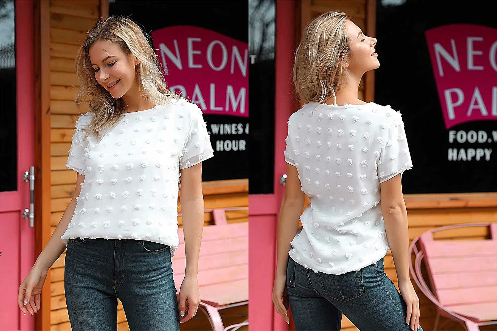 Blooming Jelly Women's Chiffon Blouse Casual Round Neck Short Sleeve Pom Pom Top