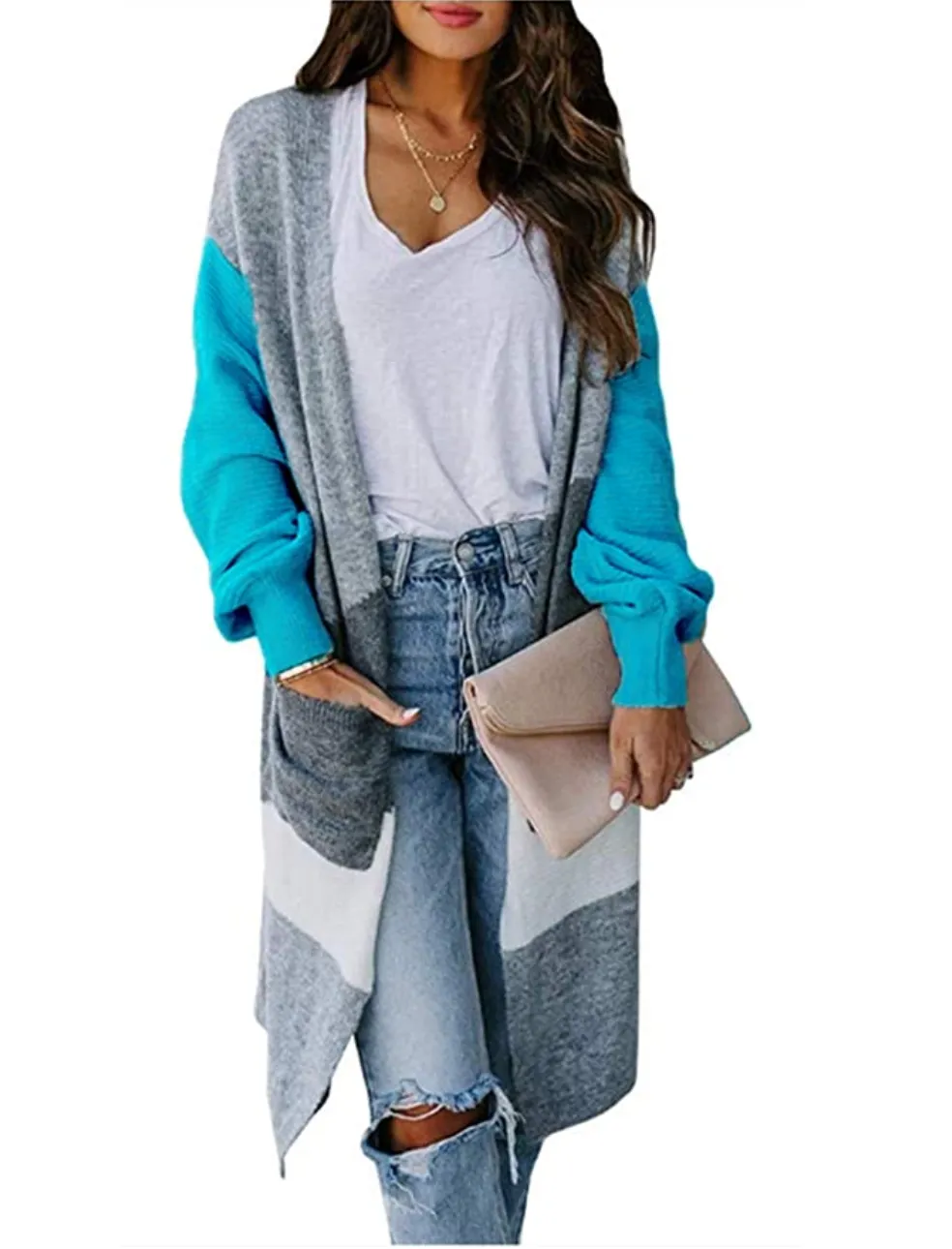 Cysincos Women's Color Block Striped Long Draped Cardigan with Pockets