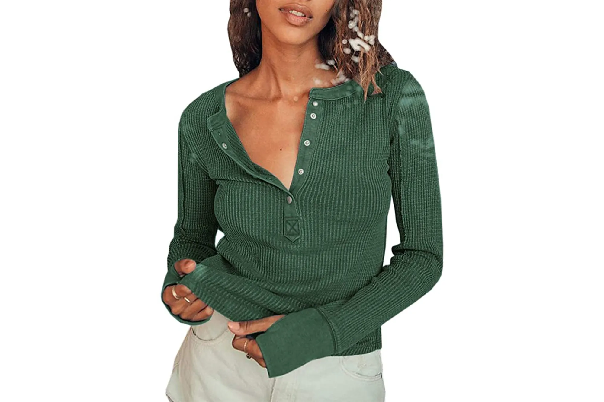 Dellytop Women's Long Sleeve Button Down Henley Warm Waffle Knit Top