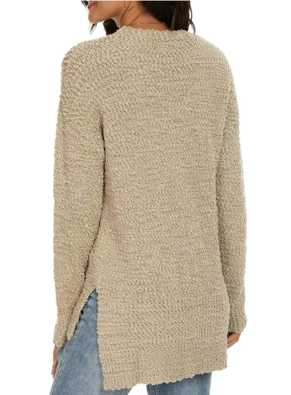 GRECERELLE Women's Fuzzy Knitted Crew-Neck Long Sleeve Side Split Loose Casual Sweater