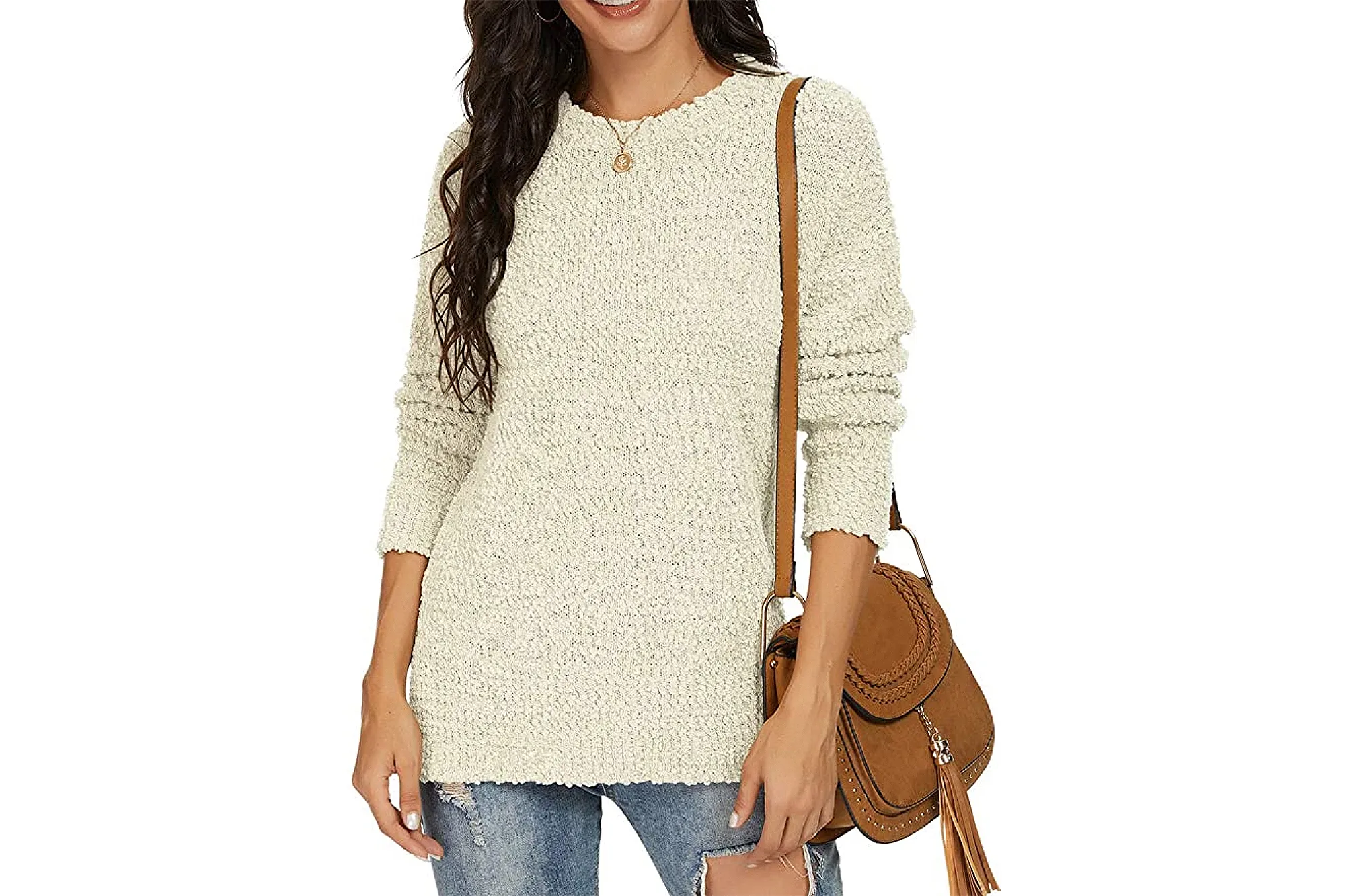 GRECERELLE Women's Fuzzy Knitted Crew-Neck Long Sleeve Side Split Loose Casual Sweater