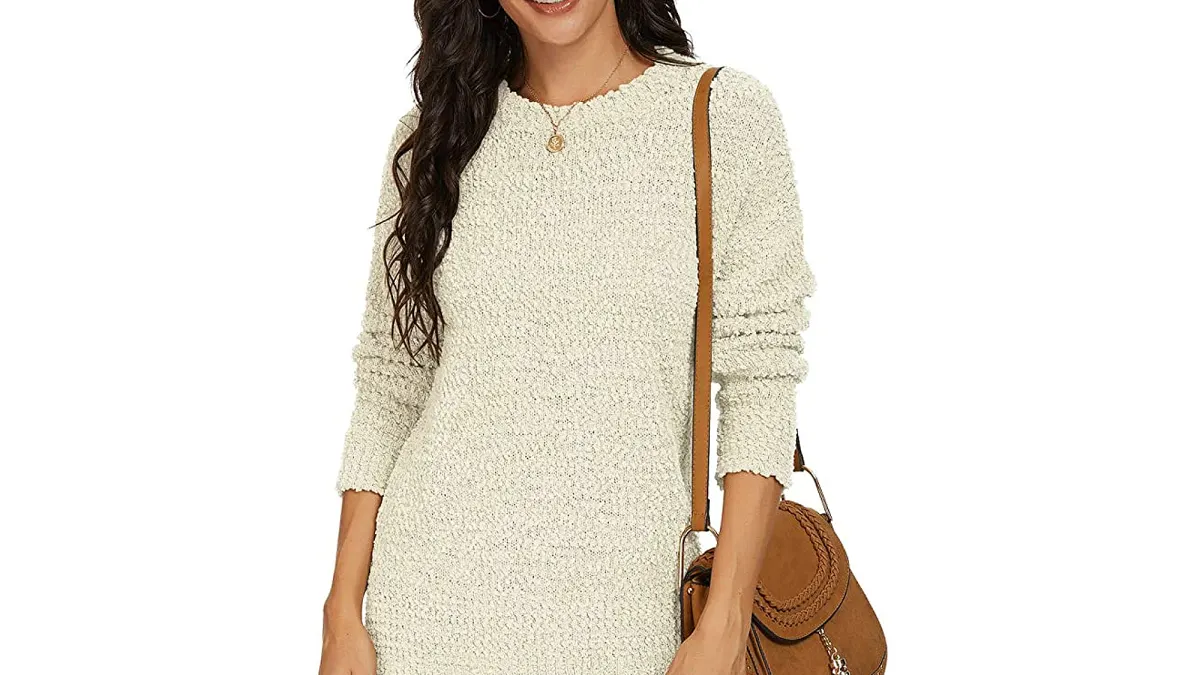 GRECERELLE Women's Fuzzy Knitted Crew-Neck Long Sleeve Side Split Loose Casual Sweater