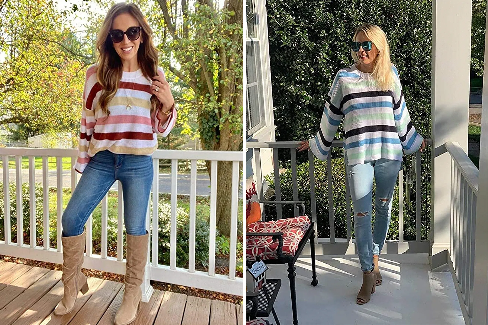 Hibluco Women's Round Neck Bell Long Sleeve Color Block Knit Sweater