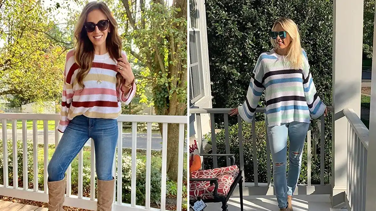 Hibluco Women's Round Neck Bell Long Sleeve Color Block Knit Sweater