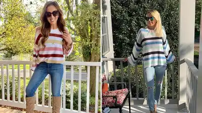 Hibluco Women's Round Neck Bell Long Sleeve Color Block Knit Sweater