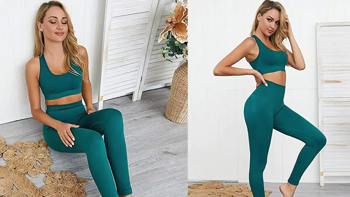 Hotexy Women's Workout Outfit 2 Pieces Seamless Yoga Leggings with Sports Bra