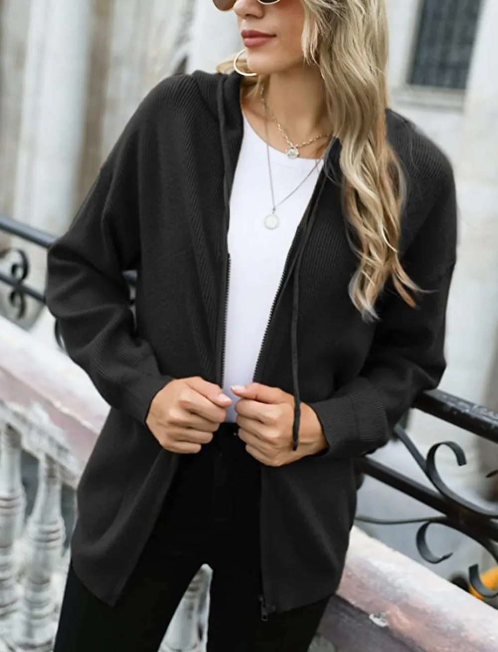 Irevial Women's Zip Up Casual Long Sleeve Loose Knit Cardigan Sweater