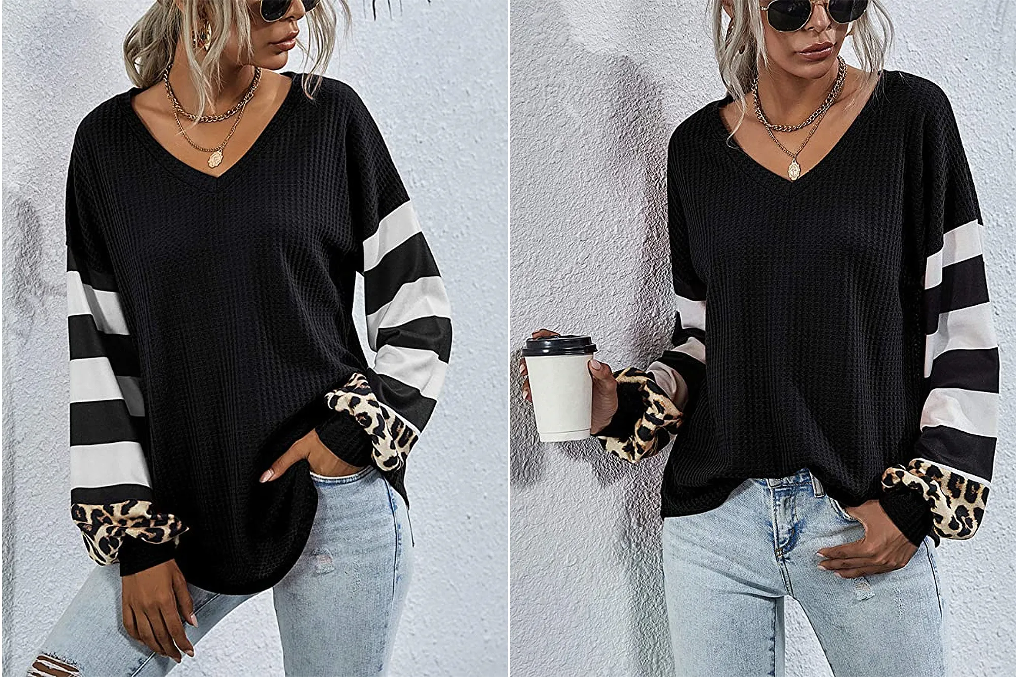 LilyCoco Women's V Neck Leopard Print Shirt Striped Lantern Sleeve Waffle Knit Pullover Top