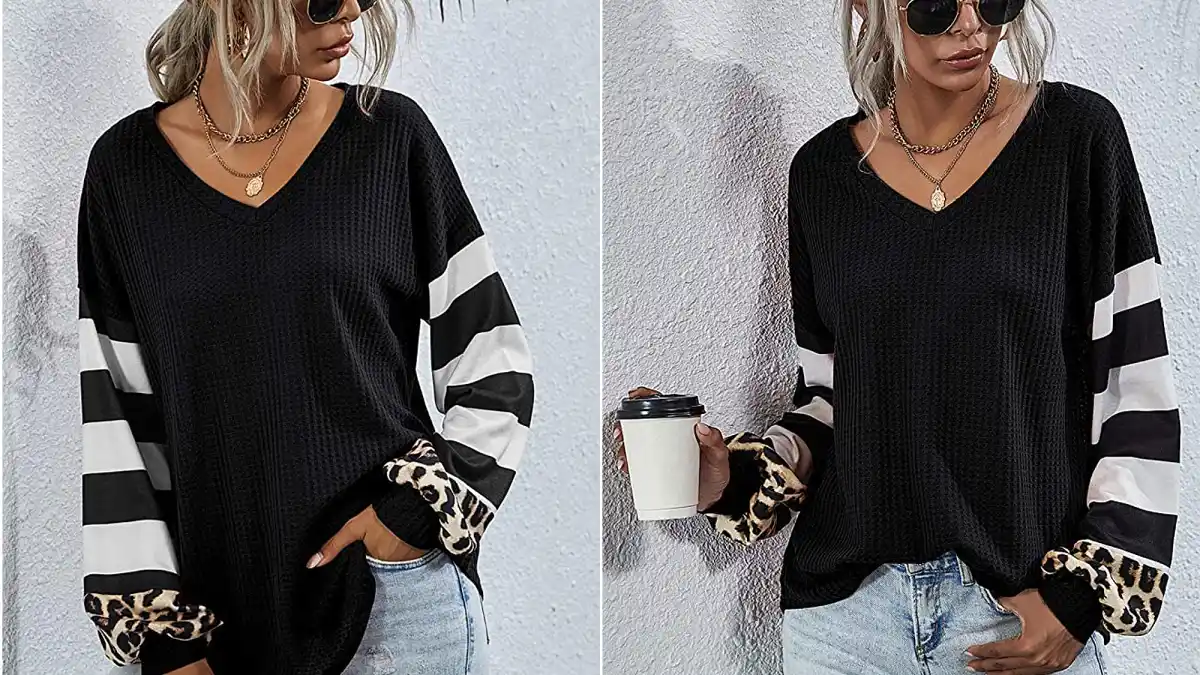 LilyCoco Women's V Neck Leopard Print Shirt Striped Lantern Sleeve Waffle Knit Pullover Top