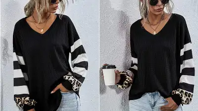 LilyCoco Women's V Neck Leopard Print Shirt Striped Lantern Sleeve Waffle Knit Pullover Top