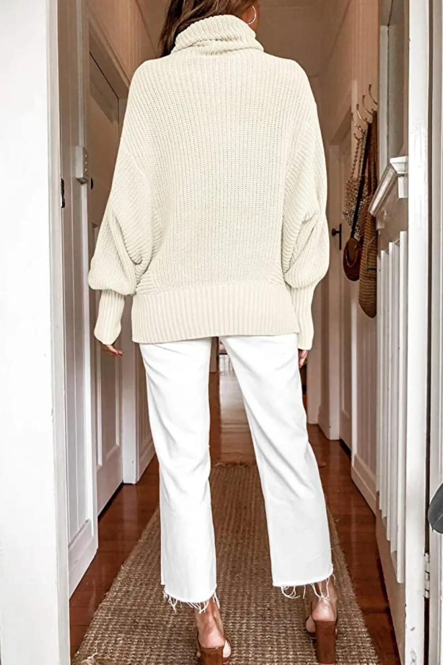 MEROKEETY Women's Turtleneck Knit Oversized Batwing Sleeve Ribbed Sweater