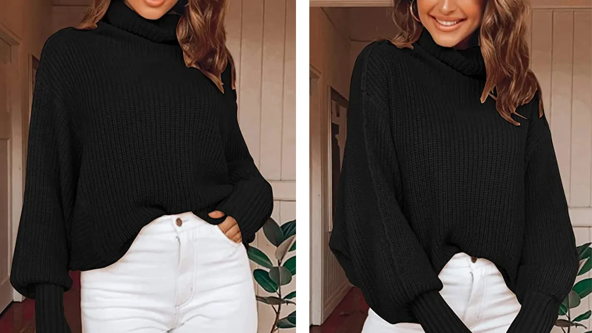 MEROKEETY Women's Turtleneck Knit Oversized Batwing Sleeve Ribbed Sweater